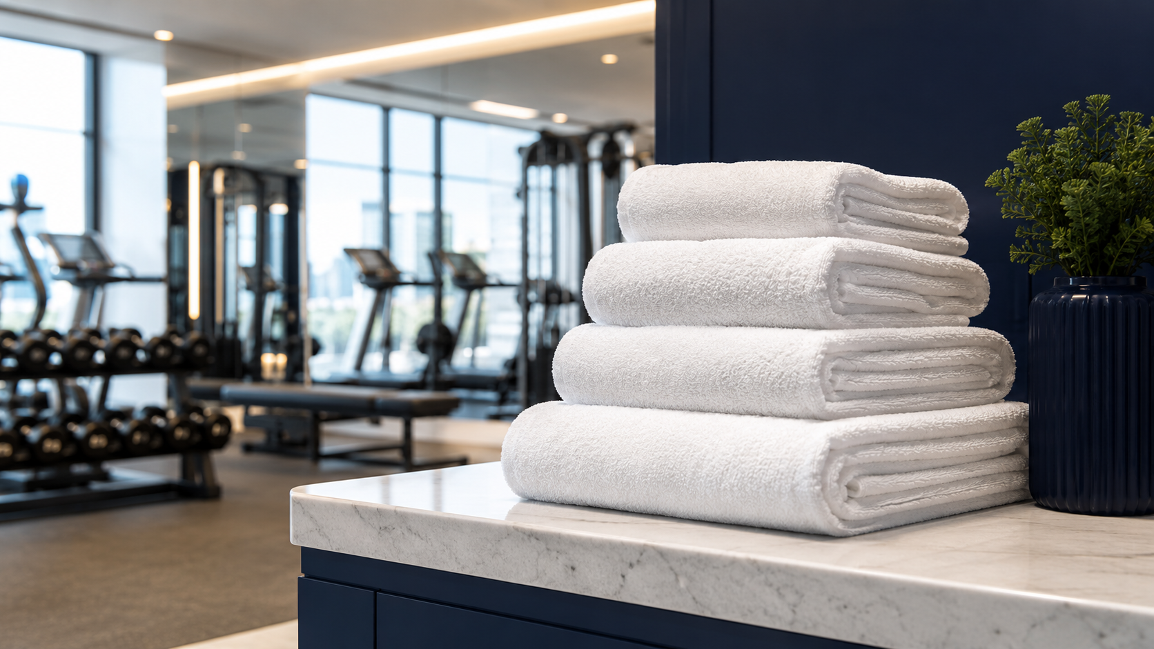 Folded gym towels stacked and ready for fitness center distribution.