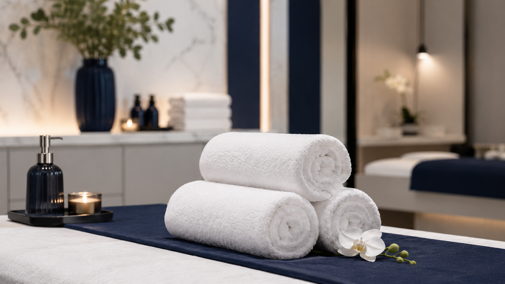 Clean white spa and salon towels neatly arranged for professional client service.