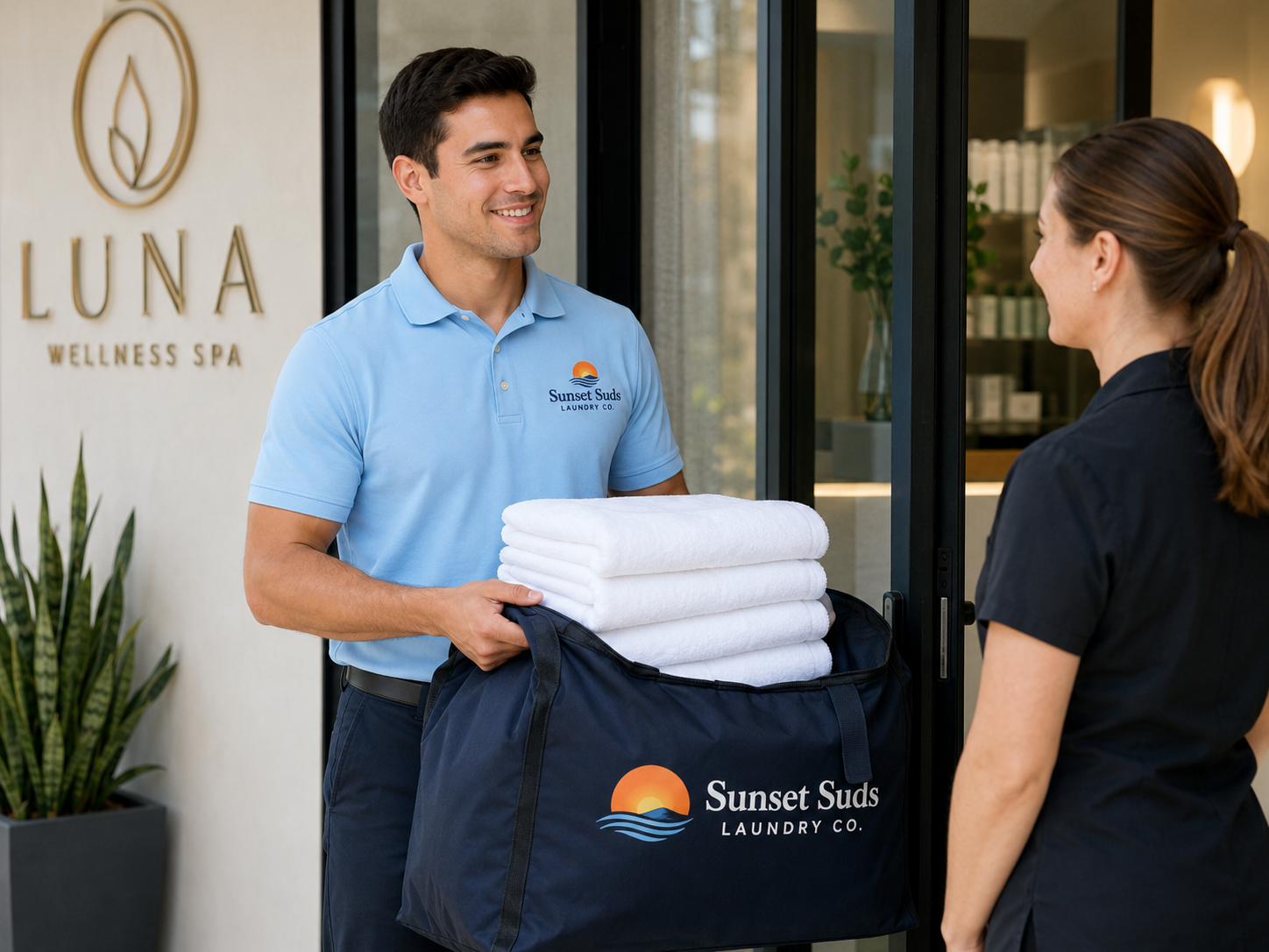 Sunset Suds employee delivering clean folded towels to a local business.